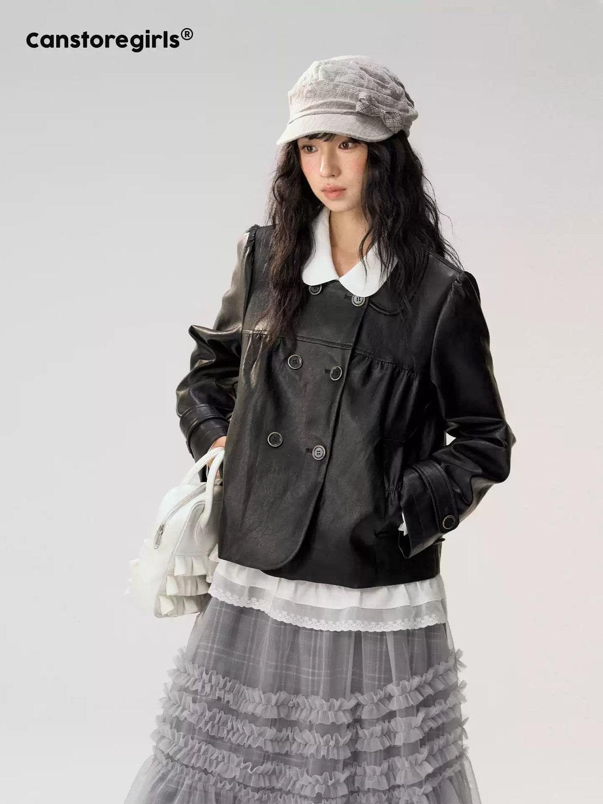 [CAN] "Midnight Sweetheart" Black Bow Pocket Doll Collar Faux Leather Jacket