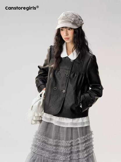 [CAN] "Midnight Sweetheart" Black Bow Pocket Doll Collar Faux Leather Jacket