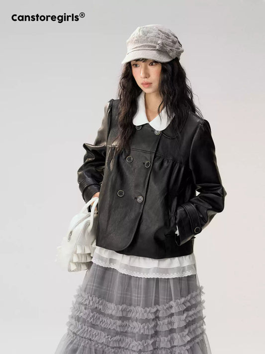 [CAN] "Midnight Sweetheart" Black Bow Pocket Doll Collar Faux Leather Jacket