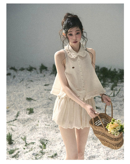 "Soft Cloud Reverie" Dutch Cream Lace Top & Bubble Skirt & Wide-Leg Pants Set 5468465