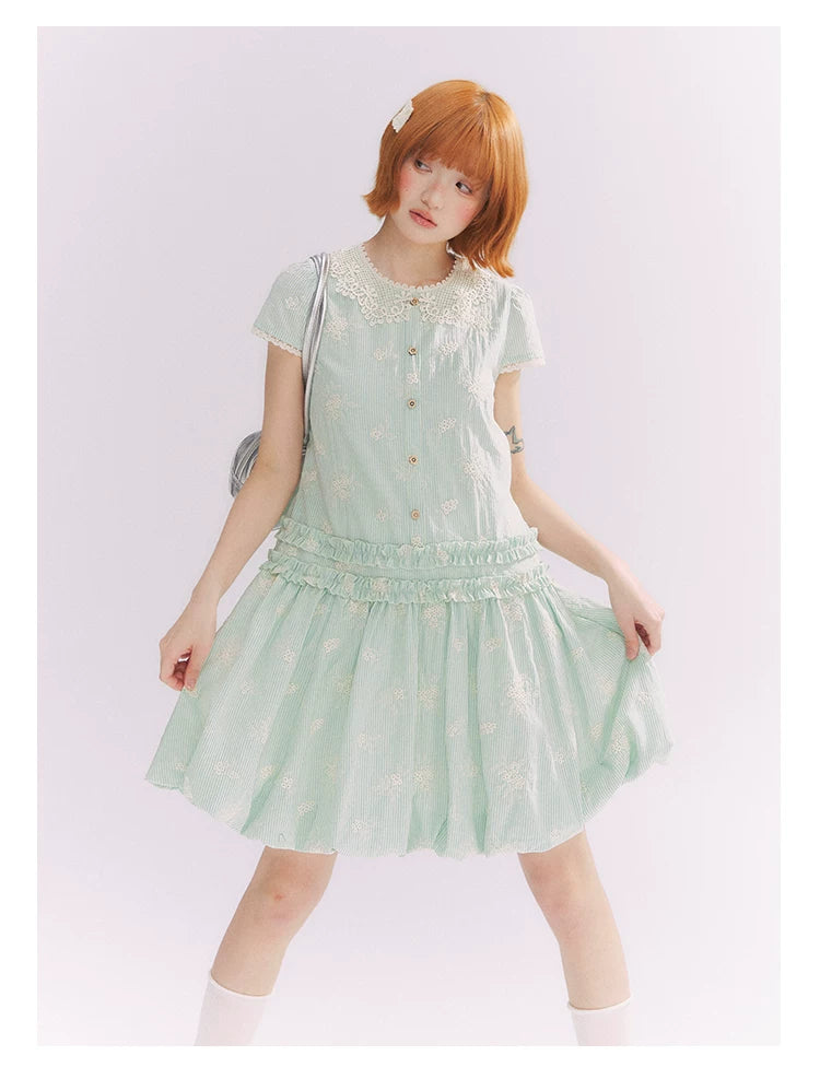 “Mint Lime” Green Stripe Lace Babydoll Dress