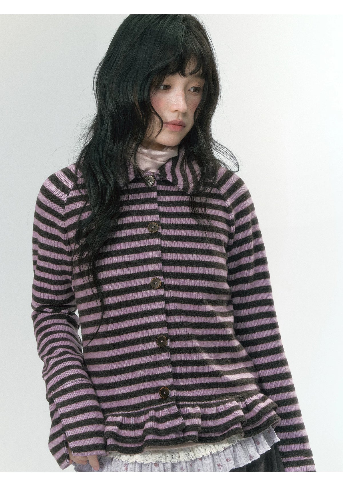 JOVYLLE - Purple Striped Knit Long-Sleeve Layering Top