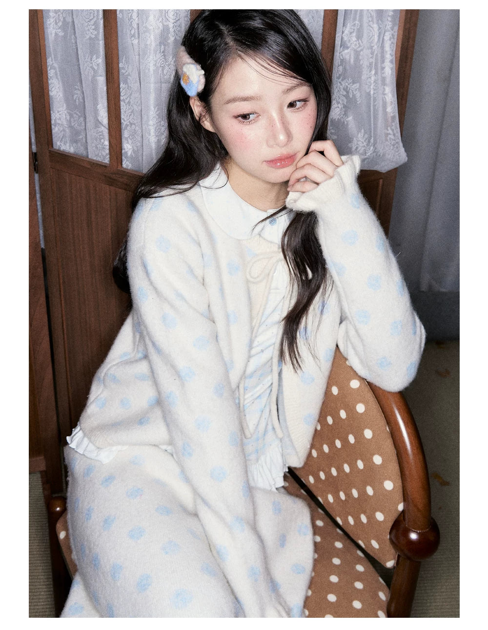 [RF] Ice Blue Polka Dot Knit Cardigan & Midi Skirt Set