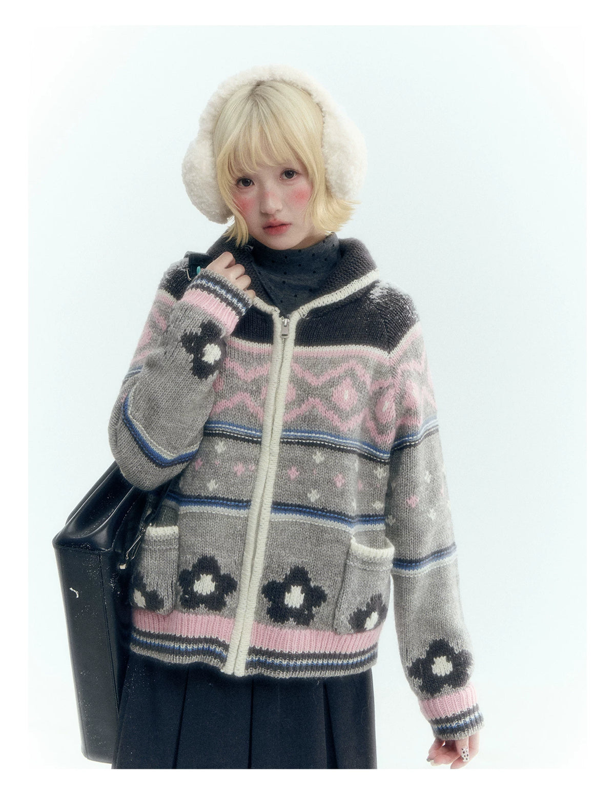 Horridale - Gray Pink Fair Isle Floral Zip-Up Knit Cardigan