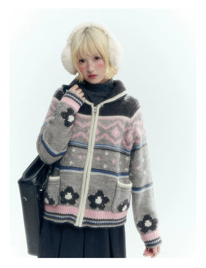 Horridale - Gray Pink Fair Isle Floral Zip-Up Knit Cardigan