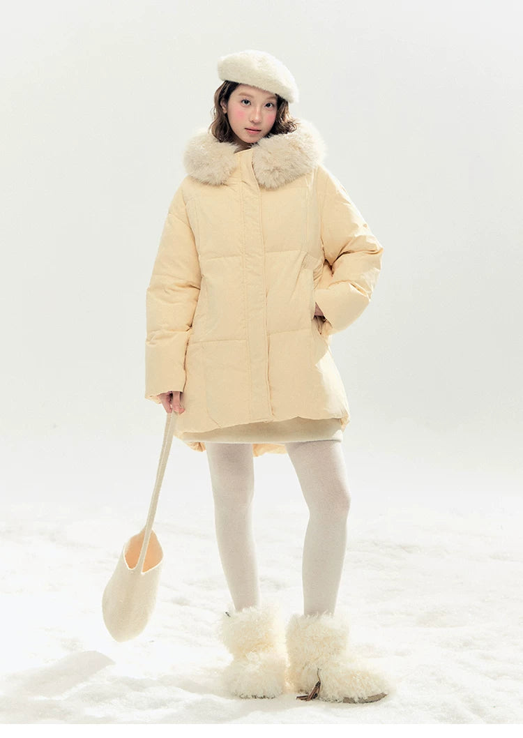 "Butter Soufflé" Vanilla Butter Hooded Mid-Length Down Coat with Faux Fox Fur Trim