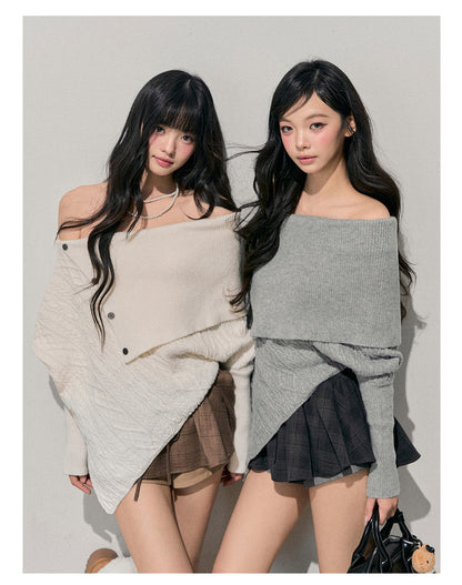 少也眼 “Letter from the Snow Country” Off-Shoulder Asymmetric Cable-Knit Sweater 1464854