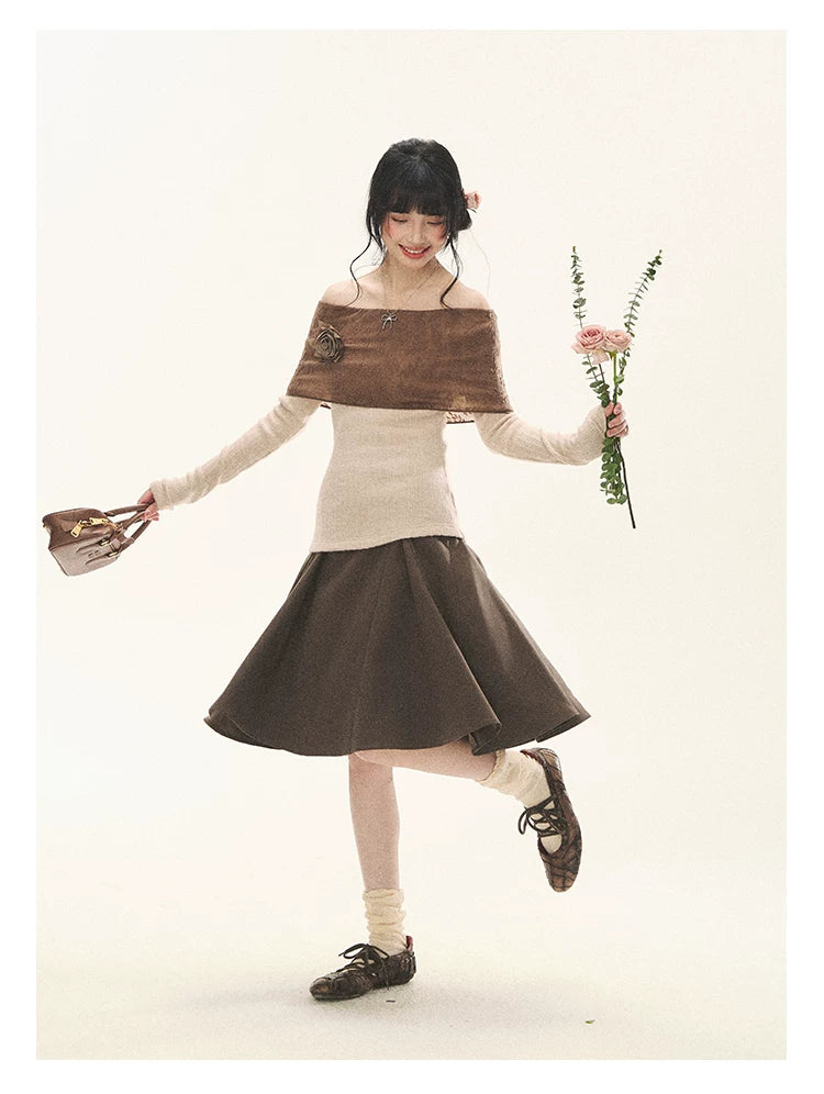 "Vintage Contrast" Brown Apricot Off-Shoulder Floral Knit Top