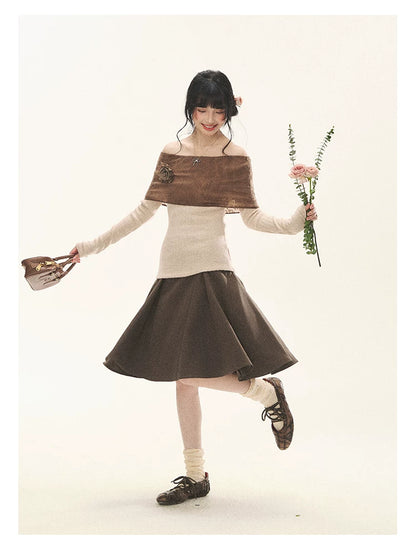 "Vintage Contrast" Brown Apricot Off-Shoulder Floral Knit Top