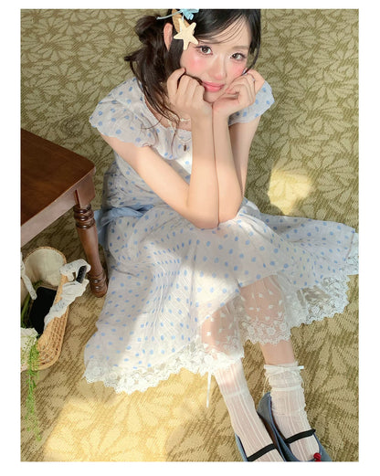 “Blue Mist Polka Reverie” Mist Blue Bow Lace Dress