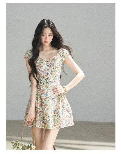 "Bloom in Full Glory" Dutch Cream Floral Puff Mini Dress