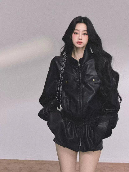 少也眼 Moto-Style PU Leather Jacket