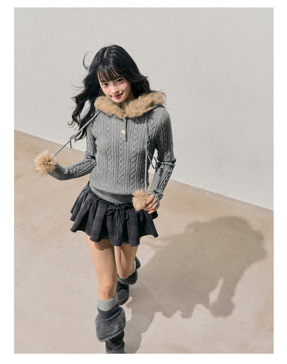 少也眼 “Traces of Melting Snow” Korean-Style Plush Hooded Cable Knit Sweater