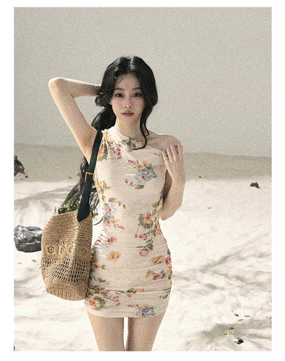 "Waiting for Blossoms" Dutch Cream Floral Ruched Mini Dress 43236