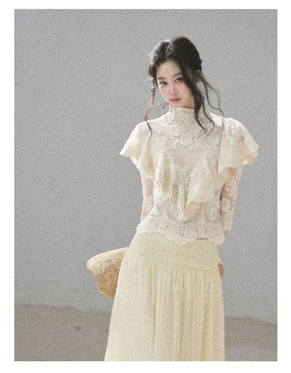 "Whispering Wheat Fields" Sage Mist Lace Maxi Skirt