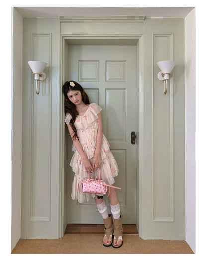 “Cloud Ruffle Reverie” Cream Apricot Floral Ruffle Dress