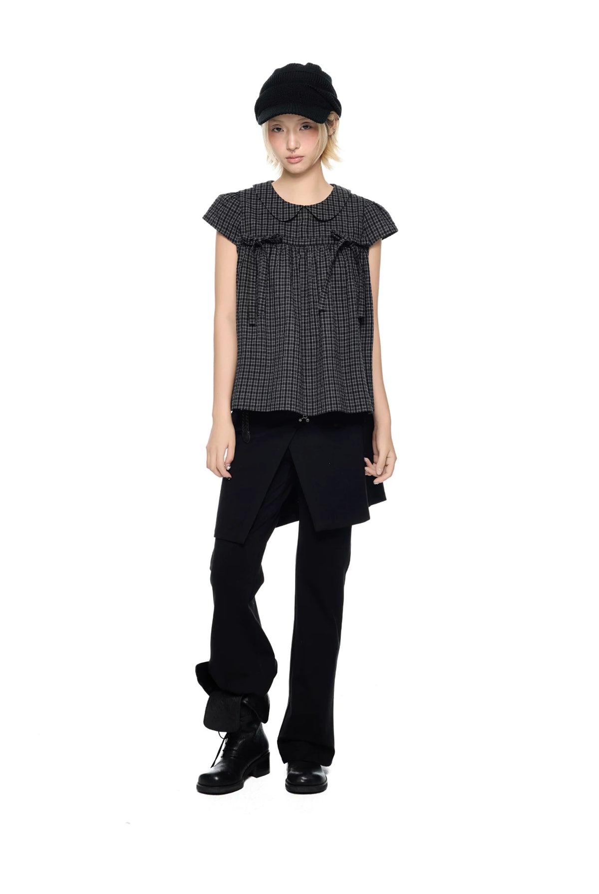EZEK | Peter Pan Collar Gingham Shirt with Bubble Sleeves