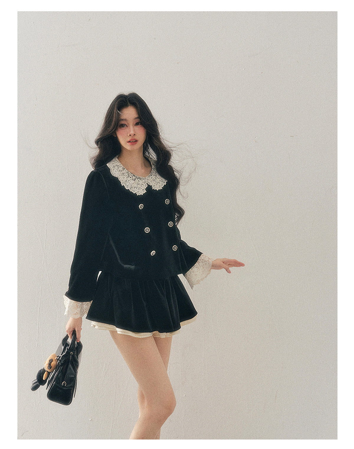 040126 "She Fades into Dusk" Velvet Lace Collar Two-Piece Set