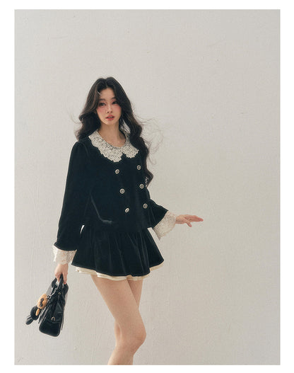 040126 "She Fades into Dusk" Velvet Lace Collar Two-Piece Set