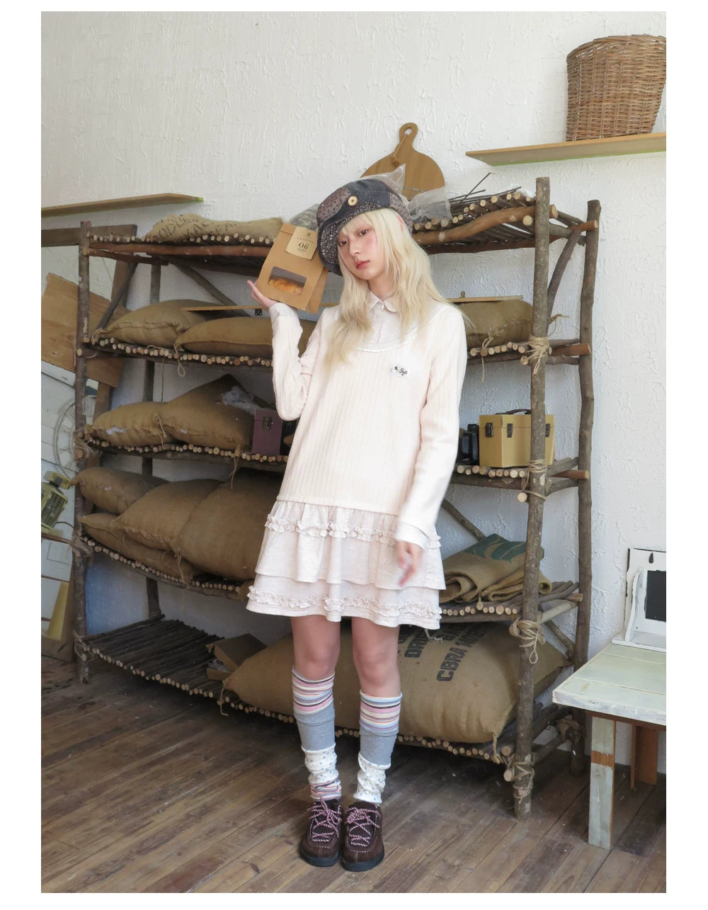 RF - Light Pink Faux Two-Piece Knit Dress with Lace Collar and Ruffle Hem