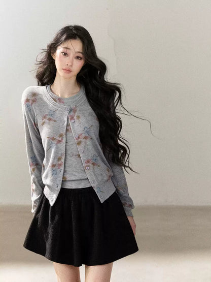 AOMALM - Cloud Gray Floral Wool-Blend Cardigan and Vest Set
