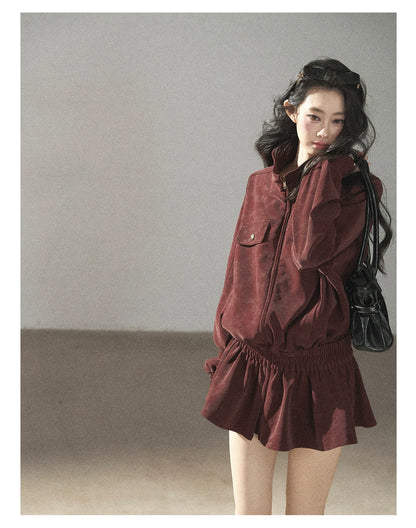 AOMALM - Burgundy PU Suede Jacket & A-Line Shorts Set