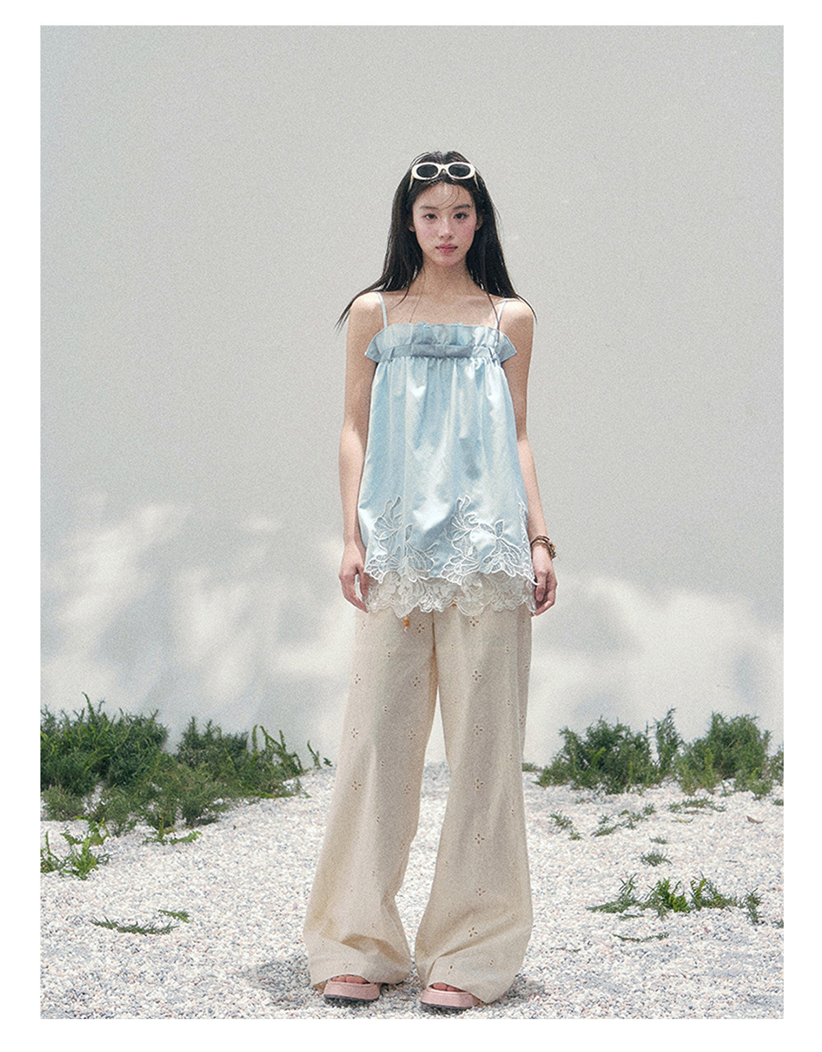 “Bouquet Summer” Glacier Blue Lace Babydoll Top