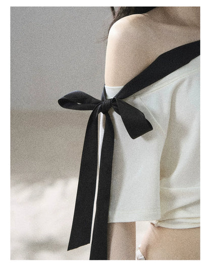 "Moonlight Upon Her" Creamy Apricot Off-Shoulder Twist Cropped T-Shirt