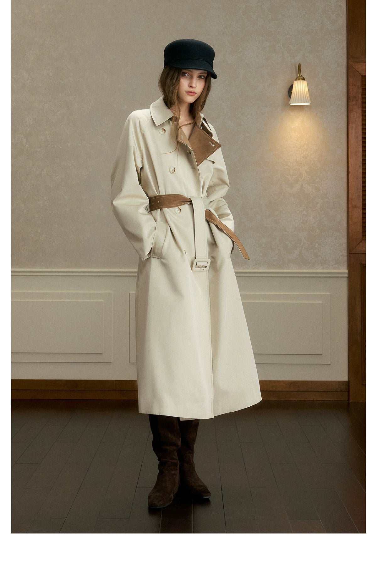 oshea - Moonlight Gray Double-Breasted Belted Long Trench Coat