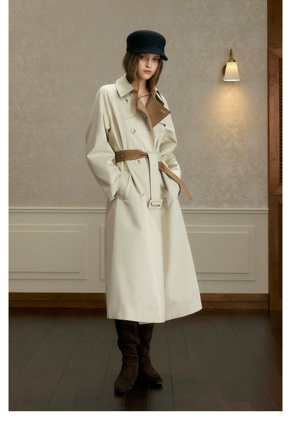 oshea - Moonlight Gray Double-Breasted Belted Long Trench Coat