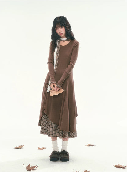 CAN - "Brownie Winterfield" Brown Plaid-Trim Ruched Knit Midi Dress