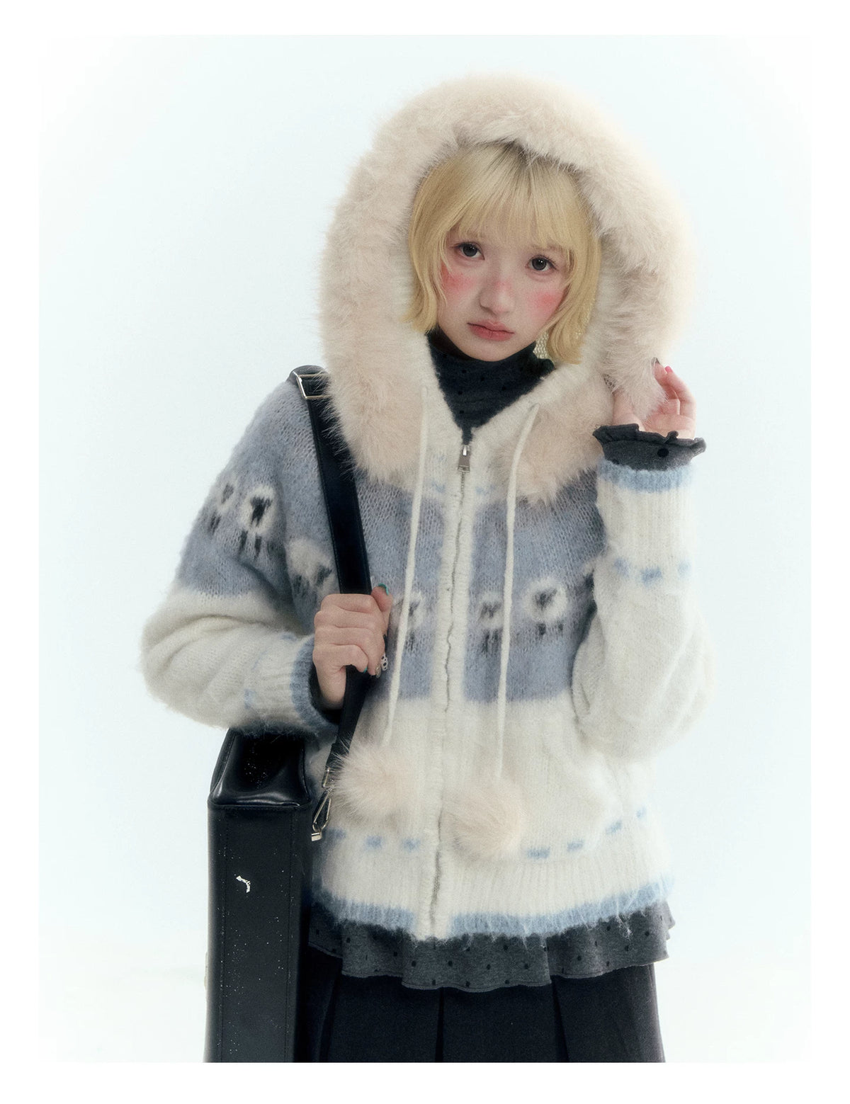 Horridale - Ice Blue White Sheep Jacquard Hooded Knit Cardigan