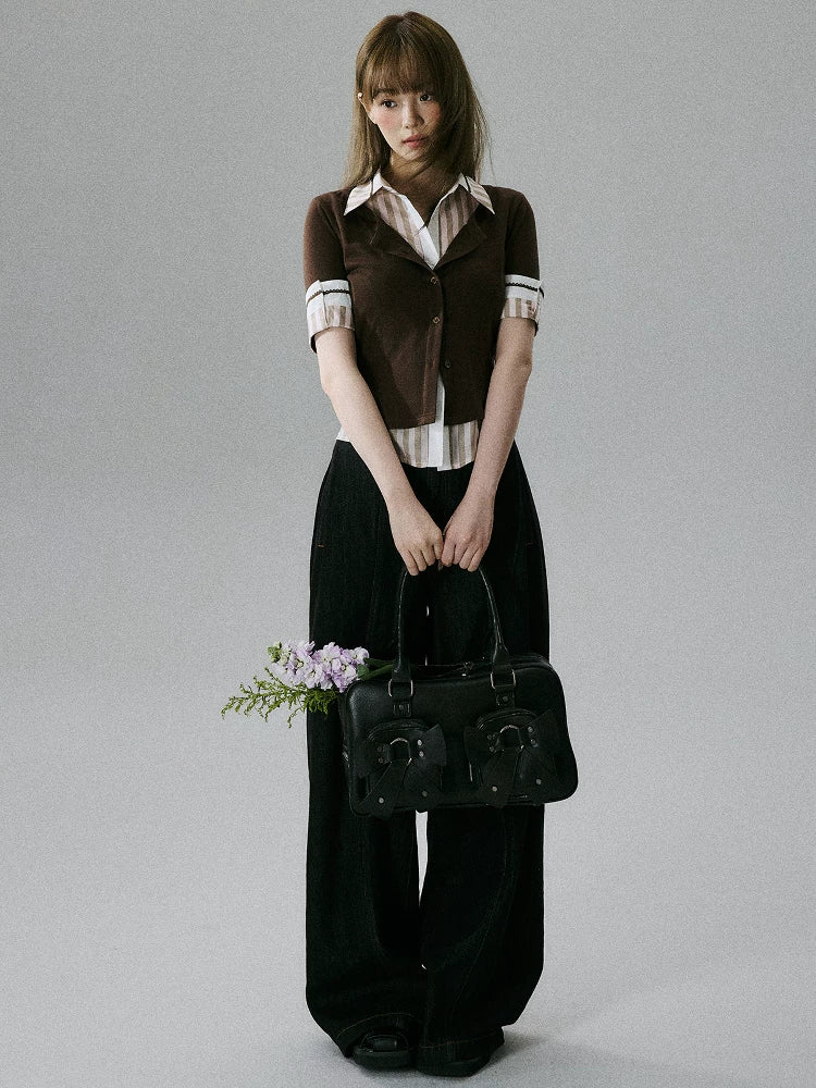 LOST FOREST - Brown & Pink Faux-Layered Lyocell Wool Top