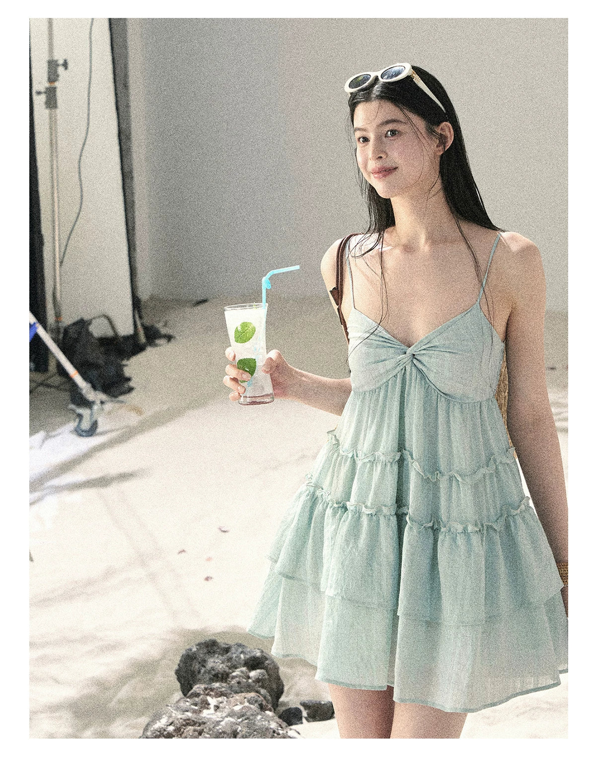 "Mossy Stone Steps" Primrose Green Tiered Cami Mini Dress