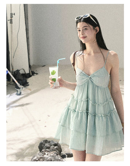 "Mossy Stone Steps" Primrose Green Tiered Cami Mini Dress