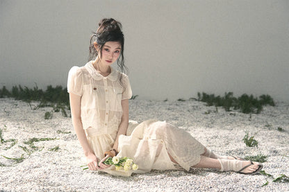 "Apricot Blossom After Rain" Dutch Cheese Lace Blouse & Maxi Skirt Set 532453