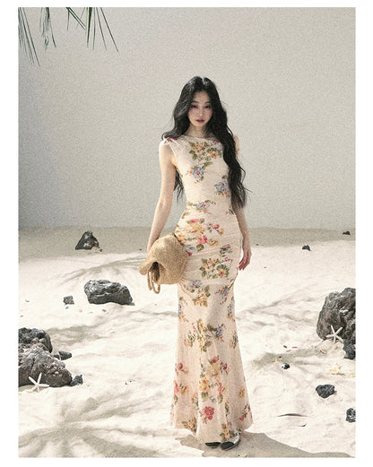 "Waiting for Blossoms" Dutch Cream Floral Mermaid Maxi Dress 43236
