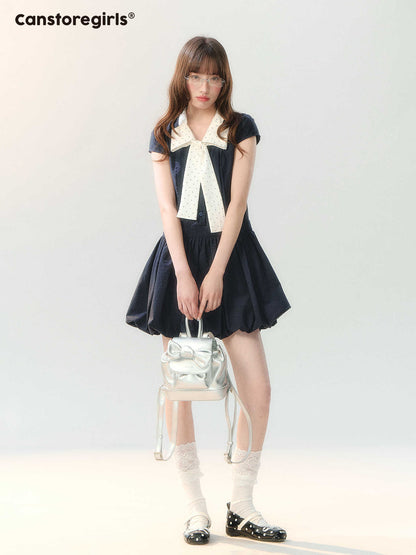 "Midnight Academy Letter" Navy Contrast Collar Dress