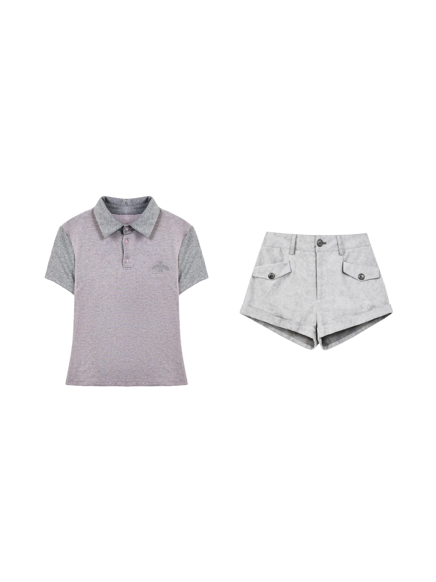 Contrast Stripe Light Gray Pink Polo Collar Short Sleeve Top / Shorts