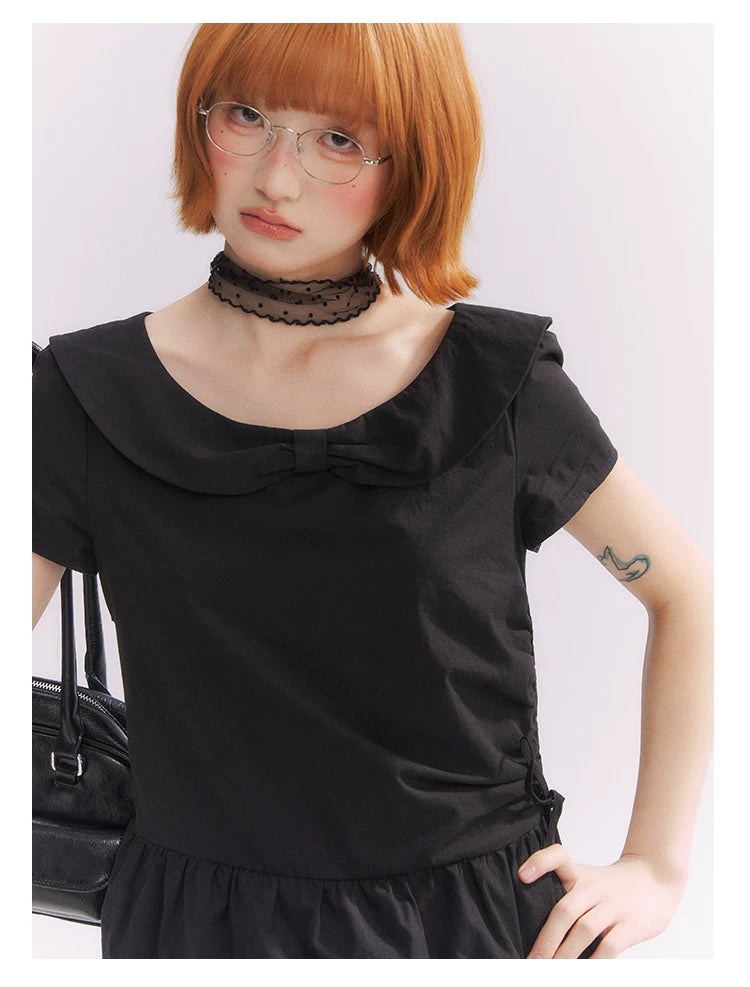 “Midnight Sweetheart” Black Korean-Style Bow Polka Dot Tiered Dress