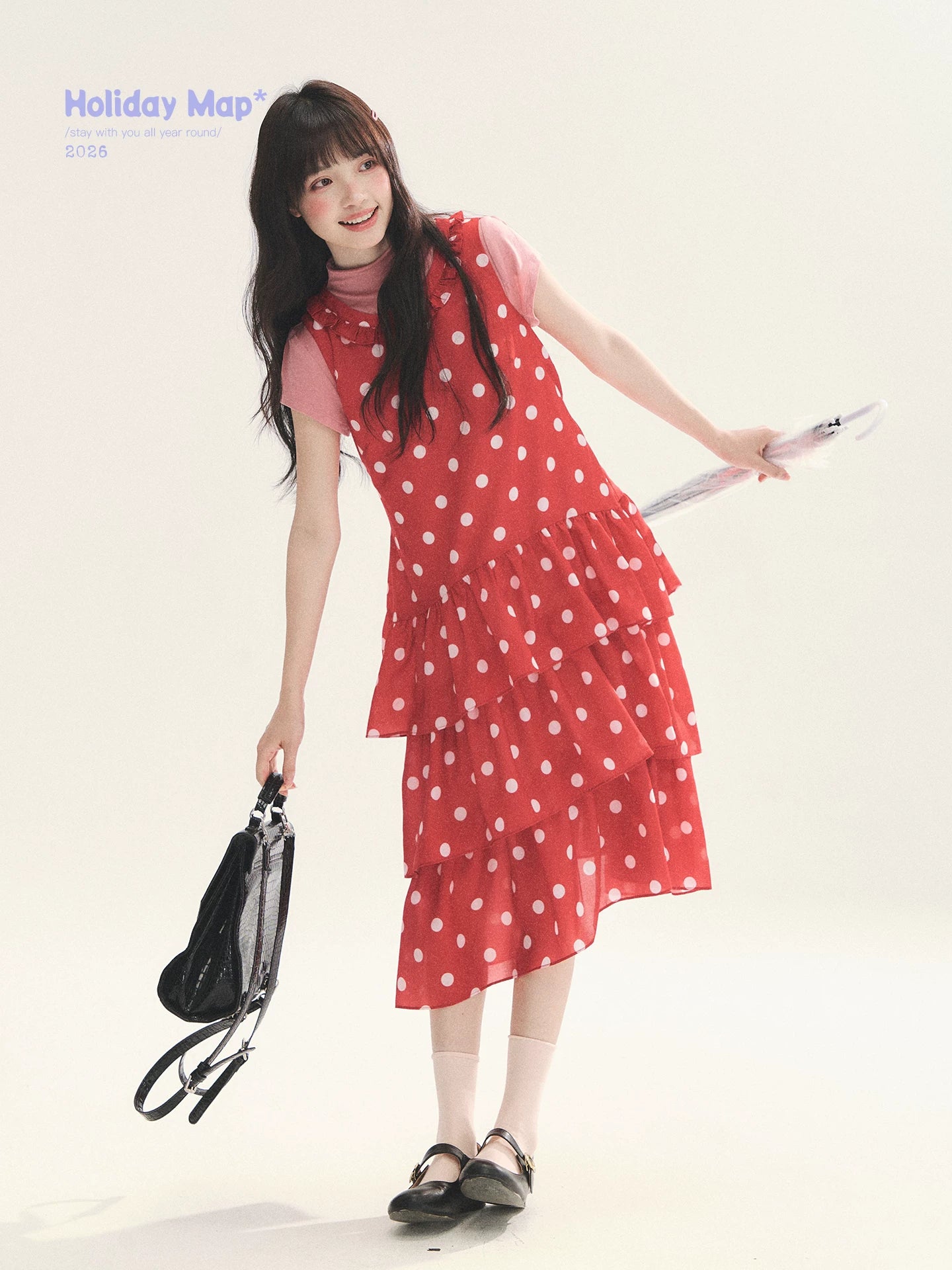 "Polka Dot Layers" Red Polka Dot Tiered A-Line Maxi Cami Dress