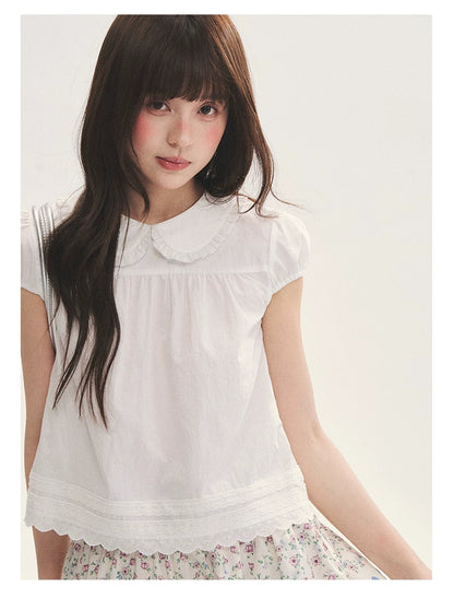 "Cotton Cloud" White Ruffle Collar Puff Sleeve Babydoll Top