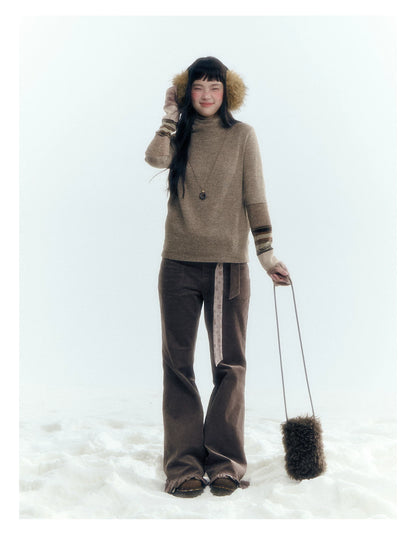 Horridale - Milk Tea Brown Floral Belt Corduroy Flare Pants