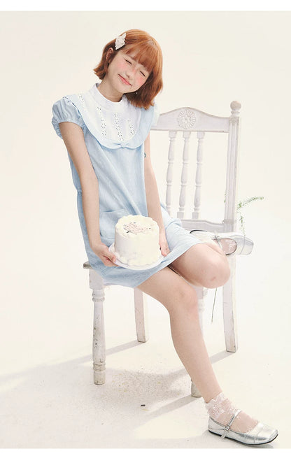 "Sea Salt Fizz" Baby Blue Cutout Embroidered Peter Pan Collar Puff Sleeve A-Line Dress