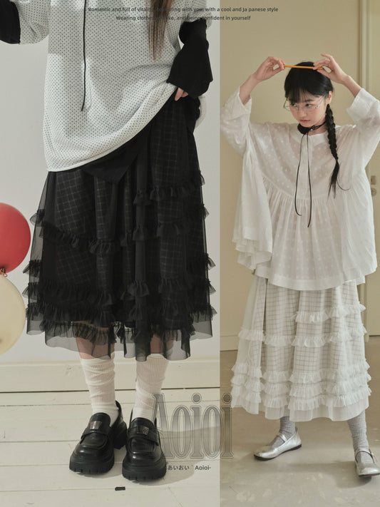 "Soft Check Layers" Plaid Mesh Midi Skirt (White Plaid / Black Plaid)