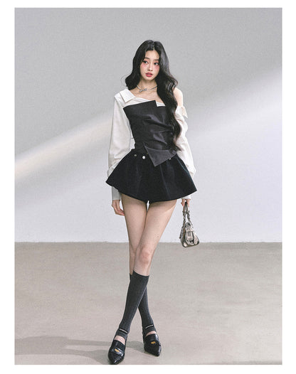 少也眼 "Gossip Senior Muse" Faux-Layered French Asymmetric Shoulder Blouse 56485652