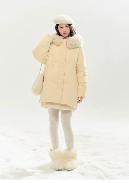 "Butter Soufflé" Vanilla Butter Hooded Mid-Length Down Coat with Faux Fox Fur Trim