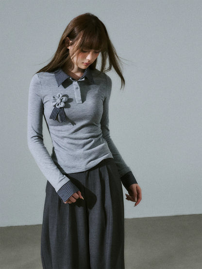 LOST FOREST - Gray Plaid Layered Knit Top with Detachable Brooch