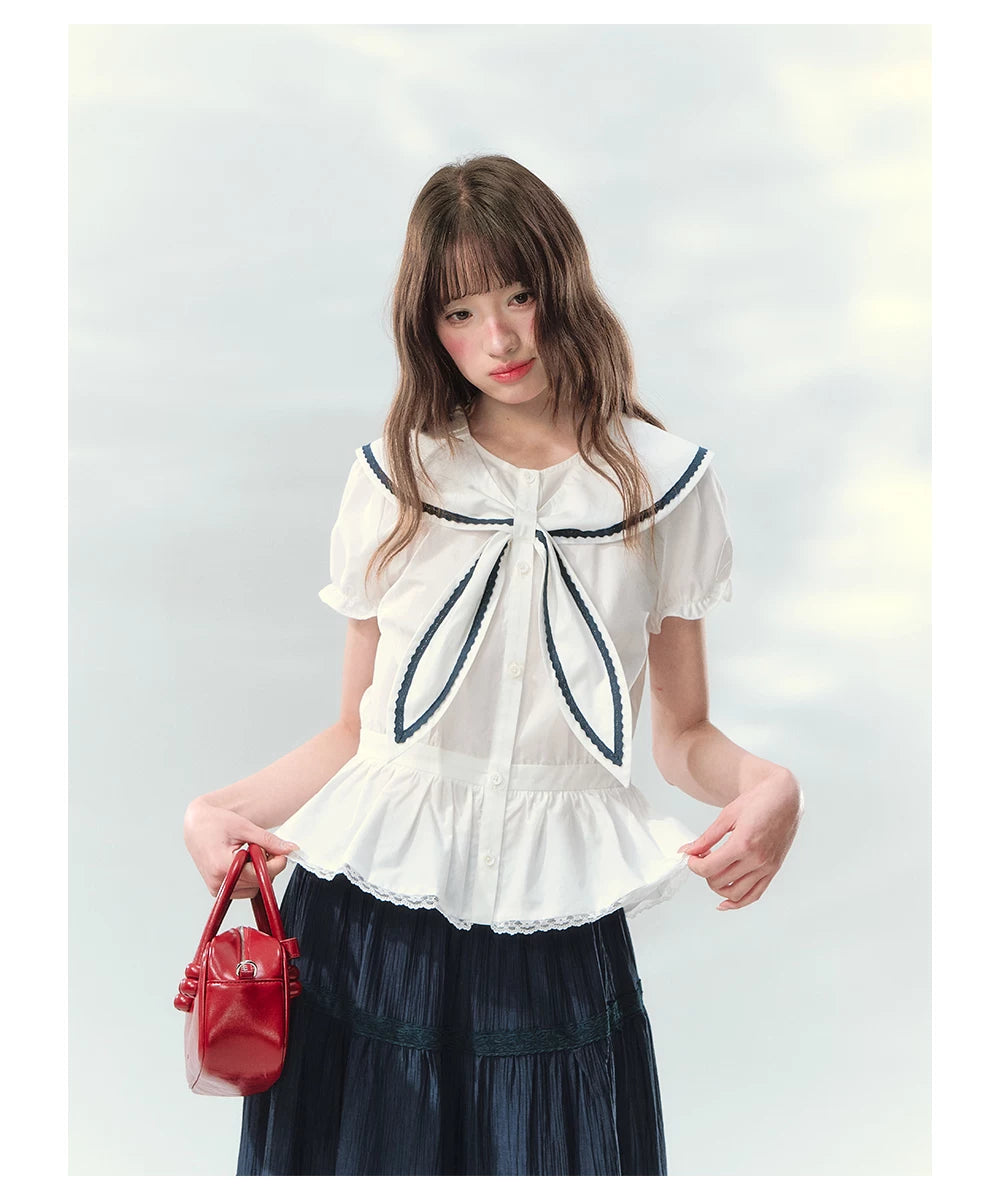 “Letter from Sea Isle” White & Navy Sailor Collar Blouse and Tiered Skirt Set