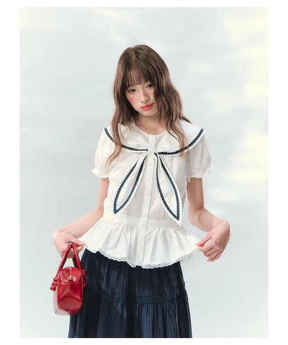 “Letter from Sea Isle” White & Navy Sailor Collar Blouse and Tiered Skirt Set